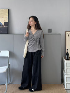 High Waist Wide Leg Pants Linen Material Sumui150 Small Size Autumn High Waist Straight Leg Slimming Hip Covering Casual Long Pants