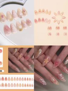 Medium fake nails for women girls 3D flowers design gradient blue pink almond nail art tips full cover press on acrylic nails