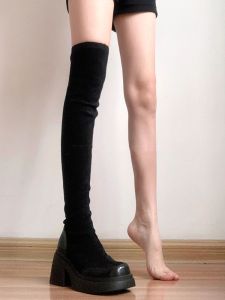 Fashionable Over-Knee Long Boots Womens Thick Bottom High Tube Slim Boot Autumn Winter Fleece Lined Velvet Surface Boots