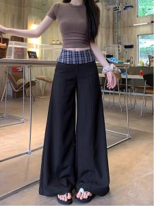 Quần Dài Thường Ngày Kẻ Sọc Cạp Cao Mùa Hè Cho Nữ Quần Ống Rộng Dài Đến Sàn Quần Dài Thẳng Quần Dài Thường Ngày