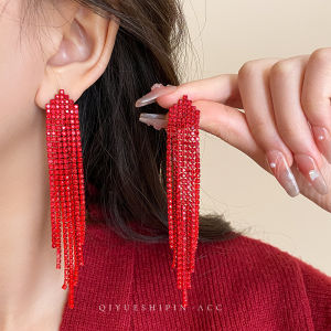 Exaggerated Long Tassel Earrings Red Luxury Unique Womens Fashion Elegant High-End Feelings Ear Jewelry Stylish Delicate