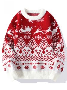 ROMON | Red Knitted Sweater For Men Winter New Style Lucky Dragon Year 2024 New Year Base Layer Trendy Top Fashion Urban Loose Fit Long Sleeve