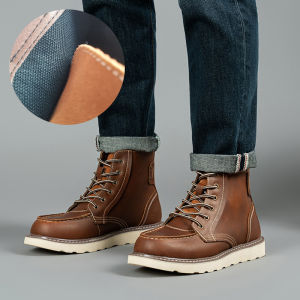 American Retro Large Size Martin Boots Mens Leather Work Boots British Style Mid-Calf Boots Wear-Resistant Rubber Outsole