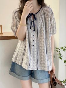 AIYITI | Summer Elegant Linen Cotton Flower Patterned Short Sleeve Shirt Women