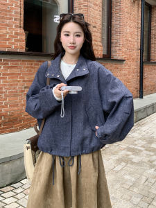 Blue Grey Korean Style Simple Casual Woolen Coat Womens Short Fashion Versatile Autumn New Arrival Outerwear