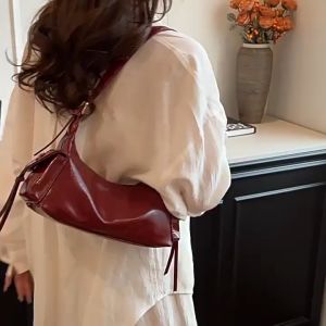 Shoulder Bag For Women Fashion Red Soft Leather Commuting Bag Spicy Girl Style Armpit Bag