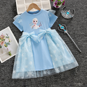 Gaun Elsa Frozen untuk Bayi Perempuan Musim Panas + Mahkota Gratis Gaun Ulang Tahun Anak-anak Putri