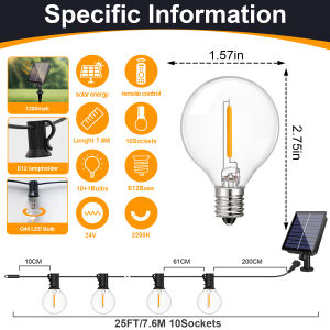 Led Solar Lights Outdoor G40 Glass Garden String Lights Waterproof Remote Control & 8 Flashing Modes Adjustable Brightness