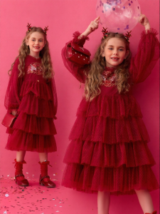 PPTOWN | Red Tulle Princess Style New Year Dress for Girls