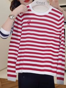 Autumn Ladies Long Sleeve T-Shirt 2024 New Loose round Neck Striped Pure Cotton Casual Versatile Base Layer Shirt