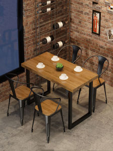 Retro Bar Barbecue Shop Music Restaurant Industrial Style Solid Wood Dining Table Rectangular Iron Coffee Shop Table and Chair Combination