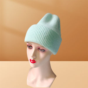 Winter Hat For Woman Double Fold Angora Hat Rabbit Fur Warm Cashmere Wool Soft Beanies Knitted Hat Women Outdoor Ski Female