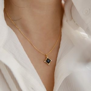 925 Sterling Silver 18K Gold Plated Black Agate Pendant Necklace Womens Luxury Minimalist Vintage Coffee Sugar Pendant Chain