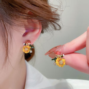 Sweet Tiny Yellow Flower Stud Earrings Womens Cute Inlaid Rhinestones Mushroom Ear Studs Jewelry Accessories Gift for Friends K