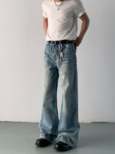 American Style Vintage Washed Ice Blue Mens Straight Leg Loose Wide Leg Jeans Cleanfit Trousers MKCLOT Youth Casual Jeans