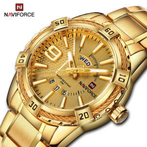 NAVIFORCE Đồng Hồ Cổ Điển Cho Nam Đồng Hồ Đeo Tay Thể Thao Thường Ngày Thời Trang Dây Đeo Bằng Thép Không Gỉ Chống Nước Hiển Thị Lịch Kép Với Đồng Hồ Vàng Dạ Quang NF9117S