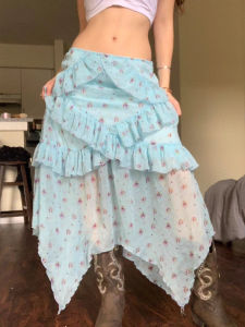 Váy Midi Xếp Ly Viền Hoa Không Đều Màu Xanh Lam Váy Mùa Hè Váy Chữ a Cạp Cao Dáng Chữ a Có Nơ Trang Trí Cho Nữ