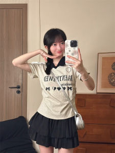 Korean Style Womens T-Shirt Letter Print Polo Collar Short Sleeve Sweet Girl Waist Cinched Short Length Commute Fashion