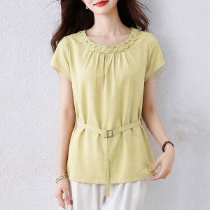 DAIXIANGFEIZI | Ladies Silk Chiffon Waist-cinching Short-sleeve Blouse