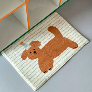 Striped puppy printed short fleece bathroom anti-slip mat cute style door mat indoor small carpet