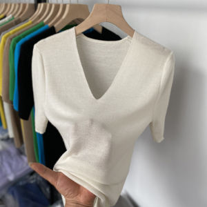 V Neck Breathing Stretchable Mid Sleeve Knitted Blouse
