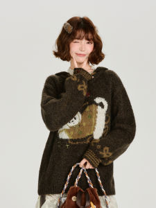 Áo Sweater Dày Mềm Thoáng Retro Mỹ In Cat Jacquard