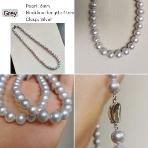 DaVee | Grey pearl necklace 8mm Purple grey natural pearl silver clasp Akoya bright   pearl necklace