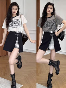 Shalldoer | Fashionable Color Block Letter Print Short Sleeve Top And Mini Skirt Two Piece Set Round Neckline Casual Comfortable Clothing