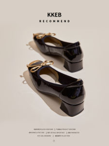 รองเท้าส้นหนาผู้หญิงแบบสวมสบาย สไตล์ฝรั่งเศส หนังแท้ สีดำ สำหรับฤดูใบไม้ผลิและฤดูใบไม้ร่วง รองเท้าส้นสูงแบบผูกโบว์ลายผีเสื้อสำหรับคุณย่า