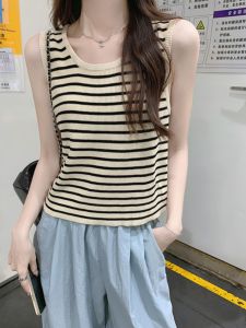 Áo Ba Lỗ Cổ Tròn Kẻ Sọc Màu Tương Phản Cho Nữ Mùa Hè Cao Cấp Áo Ba Lỗ Chống Ánh Nắng Mặt Trời Áo Ba Lỗ Che Vai Phụ Áo Ba Lỗ Ngắn