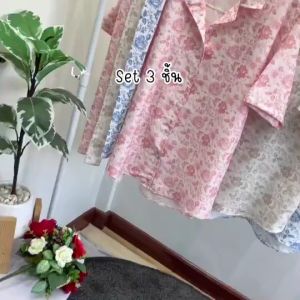TW22349 Set 3 ชิ้น ลายดอกไม้ เสื้อเชิ้ตกับกางเกงขาสั้น + สายผูกโบว์