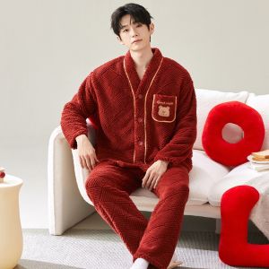 Red Coral Fleece Pajamas Mens Home Clothes Set Autumn Winter Style Snake Year Thickened Long Sleeve Hooded Zipper Closure