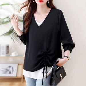 September Momo Elegant V-neck Fake Two-Piece Chiffon Shirt for Women 2024 Fall plus Size Tops European Goods Fashion Womens Wear Fashion