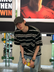 Cleanfit Mens Stripe T-Shirt round Neck Short Sleeve Pure Cotton Half Sleeve Summer High Sensation Casual Loose Fit Top