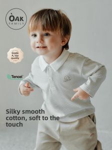 OAK FAMILY | New Fall Baby Boy Long Sleeve Striped Modal Polo Shirt Square Collar T-Shirt Comfortable Breathable Cotton Polyester Blend