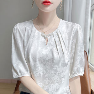 Elegant Satin round Neck Short Sleeve Womens Shirt Casual Loose Comfortable Floral Embroidery Slimming Loose Casual Blouse