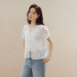 INMAN | Embroidered Cotton Blouse Short Sleeve Shirt