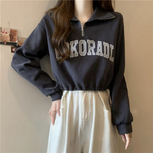 INS Super Popular Drawstring Hem Polo Collar Sweatshirt Female Early Autumn Thin Type Loose Small Short Half Zipper Tops