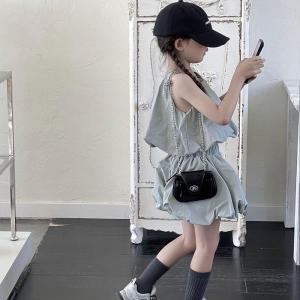 Girls Summer Outfit Korean Style Flower Bud Lantern Tube Top Shorts Two Piece Set Fashionable Cotton Blend Fabric Daily Wear