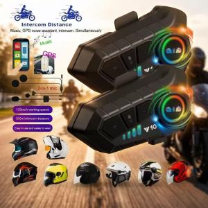 KEBIDU  Y10 2X Motorcycle Helmet Intercom For 2 Riders Stereo Supper Voice Hands Free Ipx6 Waterproof 2000Mah Bluetooth 5.4 Headset Earphone