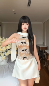 Đầm tiệc ngắn Khiết Style ren phối taftalight trắng kem sang trọng thiết kế đính nơ đen quyến rũ KD324