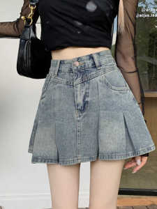 Retro American Blue Chic Short Denim Skirt High Waist A-Line Pleated Womens Mini Skirt Summer High Waist Design Sense