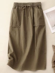 Retro Pure Color Half-length Skirt Womens Cotton Elastic Waist Commute Slimming Straight Tube Midi Skirt Fashionable All Seasons
