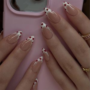 24pcs White French Fake Nails with Love Design False Nail Acrylic Simple Sweet Long Almond Press on Nails Nude Color Manicure