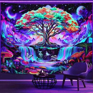 VIKAMA Huỳnh Quang Mặt Trăng Mặt Trời Hoa Mandala Tấm Thảm UV Phát Sáng Treo Tường Tranh Tường Trang Trí Mềm Mại Bền Đẹp Cho Phòng Ngủ Phòng Game Phòng Khách
