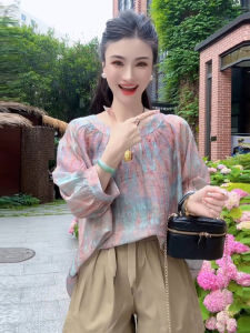 Áo Sơ Mi Nữ Mùa Hè in Họa Tiết Cổ Tròn Tay Ngắn Rộng Rãi Tay Đèn Lồng Vải Polyester Mỏng Thường Ngày