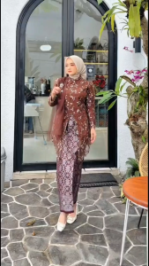 ECAMELIA kebaya tunik modern tile bordir set atasan rok songket utk pesta tunangan lamaran wisuda bridesmaid mewah premium dgn selendang