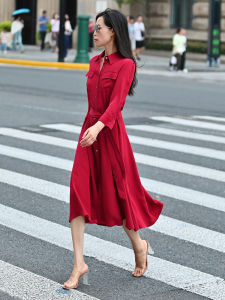 Silky Three-acetate Satin Draped Midi Dress with Bell Skirt Seven-quarter Sleeve Womens Commute Style Loose Waist Dress