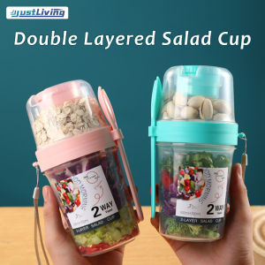 JustLiving Salad Meal Shaker Cup Healthy Salad Container Wih Fork Portable Breakfast on The Go Cups Leak-proof Oatmeal Jar with Salad Dressing Box Fruit & Vegetable Jar - Microwave-Safe
