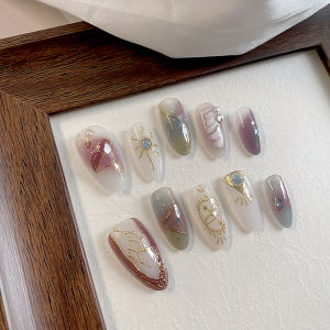 เล็บปลอมรูปอัลมอนด์กดด้วยมือบริสุทธิ์ 10 ชิ้น เล็บปลอมที่สวยงาม เล็บรูปกลุ่มดาวย้อนยุค เหมาะสำหรับผู้หญิงที่ใช้